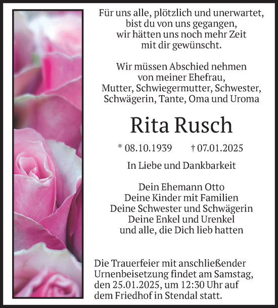 Traueranzeige von Rita Rusch von Volksstimme Altmark Ost