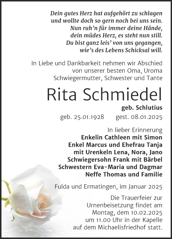 Traueranzeige von Rita Schmiedel von Trauerkombi Zeitz
