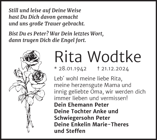 Traueranzeige von Rita Wodtke von Trauerkombi Wittenberg