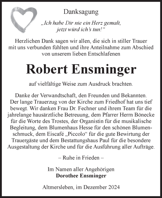 Traueranzeige von Robert Ensminger von Volksstimme Altmark West