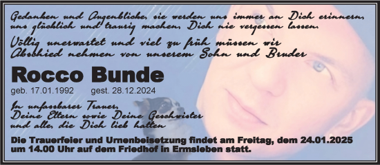 Traueranzeige von Rocco Bunde von Trauerkombi Quedlinburg