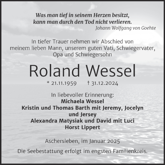 Traueranzeige von Roland Wessel von Trauerkombi Aschersleben
