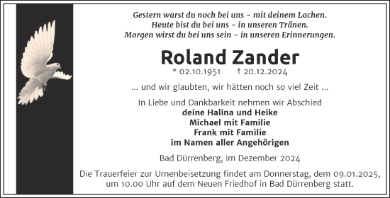 Traueranzeige von Roland Zander von Trauerkombi Merseburg