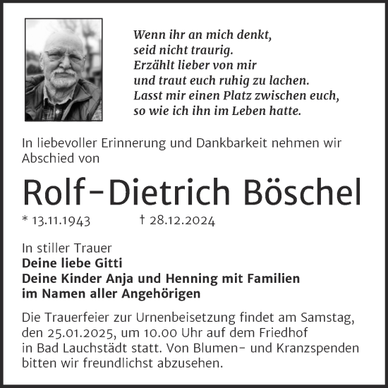 Traueranzeige von Rolf-Dietrich Böschel von Trauerkombi Merseburg
