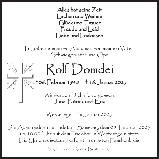 Traueranzeige von Rolf Domdei von Volksstimme Staßfurt