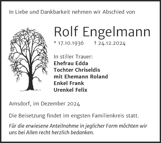 Traueranzeige von Rolf Engelmann von Trauerkombi Mansfelder Land