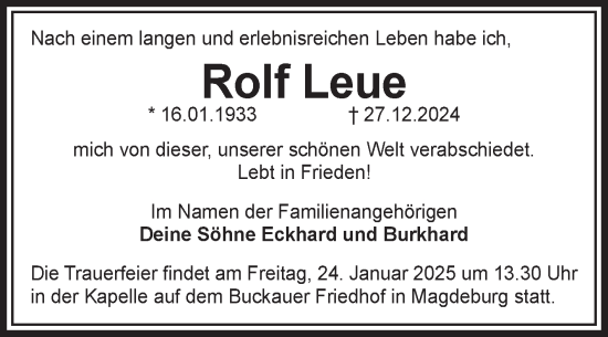Traueranzeige von Rolf Leue von Volksstimme Magdeburg