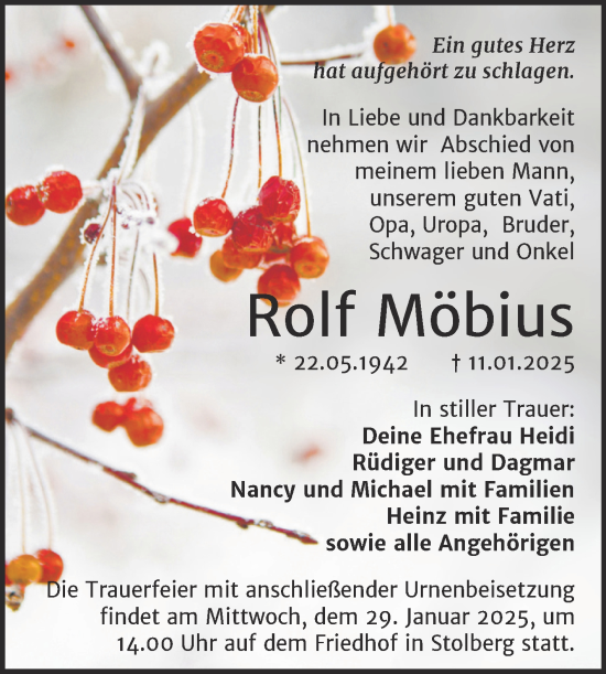 Traueranzeige von Rolf Möbius von Trauerkombi Sangerhausen