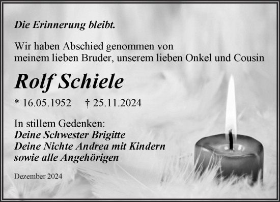 Traueranzeige von Rolf Schiele von Trauerkombi Aschersleben