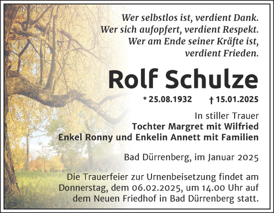 Traueranzeige von Rolf Schulze von Trauerkombi Merseburg
