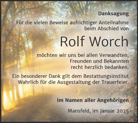 Traueranzeige von Rolf Worch von Trauerkombi Mansfelder Land