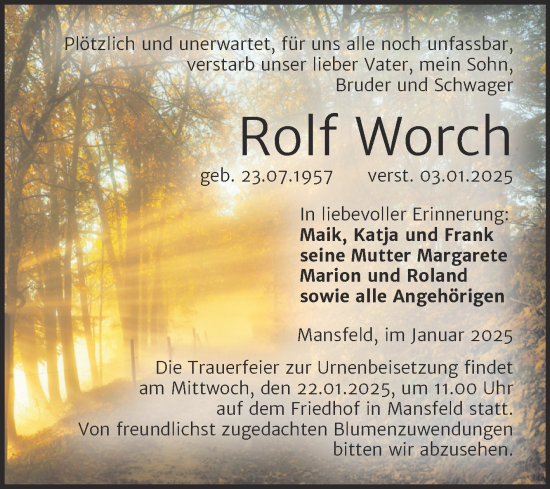 Traueranzeige von Rolf Worch von Trauerkombi Mansfelder Land