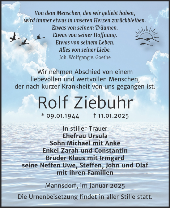 Traueranzeige von Rolf Ziebuhr von Trauerkombi Zeitz