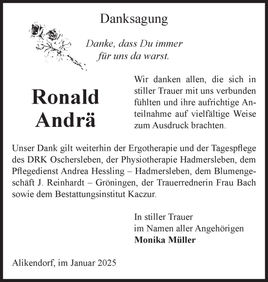 Traueranzeige von Ronald Andrä von Volksstimme Oschersleben/Wanzleben