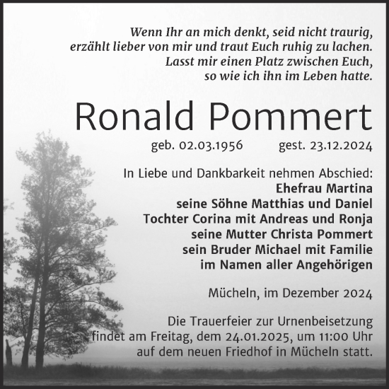Traueranzeige von Ronald Pommert von Trauerkombi Merseburg