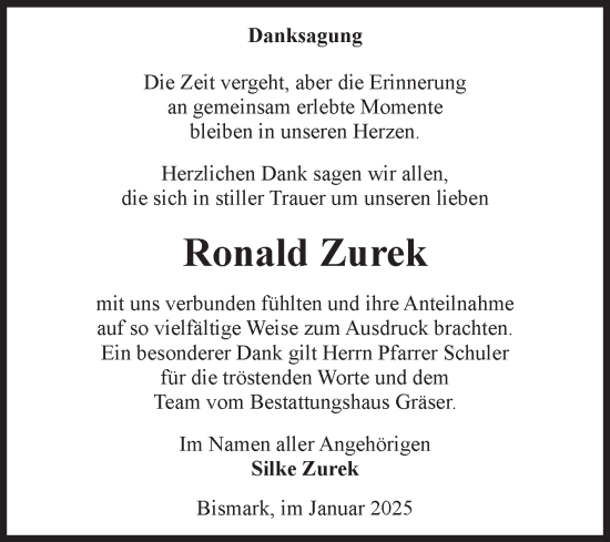 Traueranzeige von Ronald Zurek von Volksstimme Altmark Ost