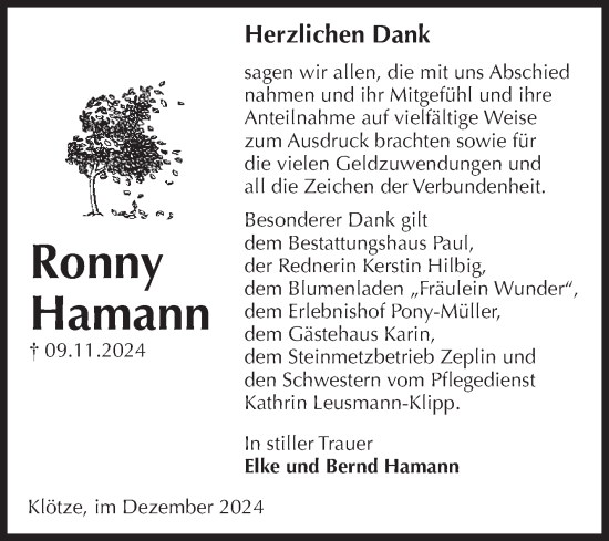 Traueranzeige von Ronny Hamann von Volksstimme Altmark West