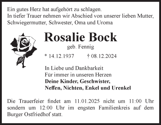 Traueranzeige von Rosalie Bock von Volksstimme Burg/Genthin