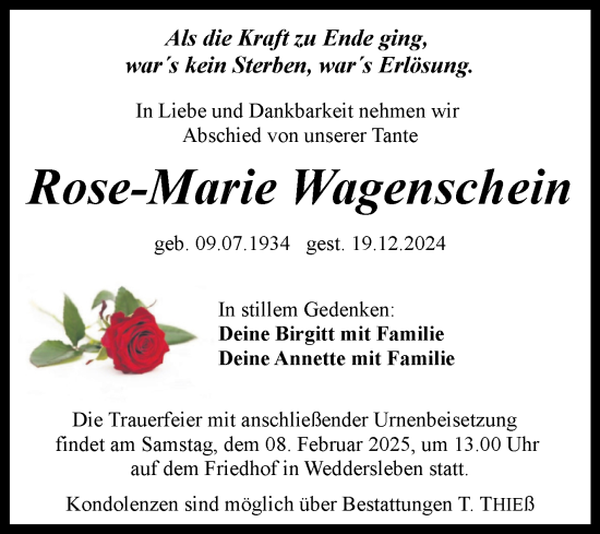 Traueranzeige von Rose-Marie Wagenschein von Trauerkombi Quedlinburg