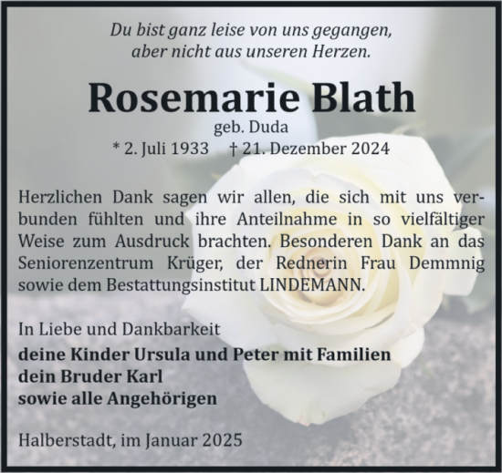 Traueranzeige von Rosemarie Blath von Volksstimme Halberstadt