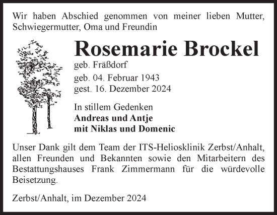 Traueranzeige von Rosemarie Brockel von Volksstimme Zerbst