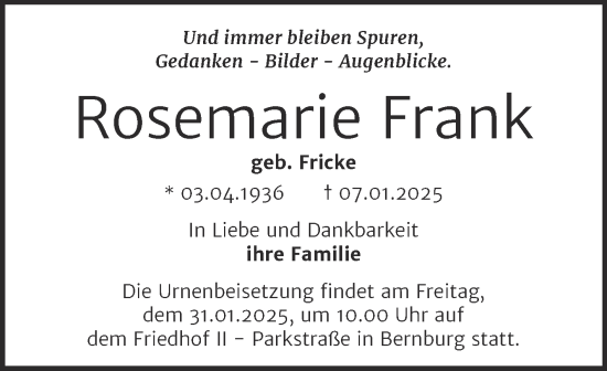 Traueranzeige von Rosemarie Frank von Trauerkombi Bernburg