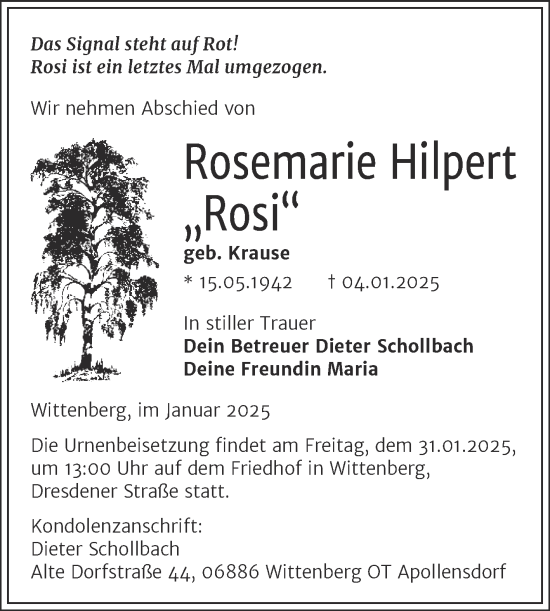 Traueranzeige von Rosemarie Hilpert von Trauerkombi Wittenberg