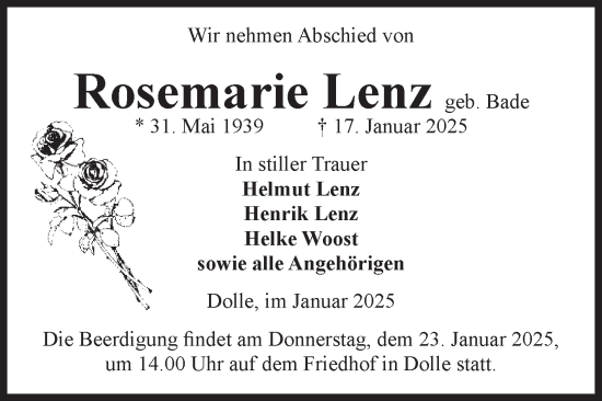 Traueranzeige von Rosemarie Lenz von Volksstimme Haldensleben/Wolmirstedt
