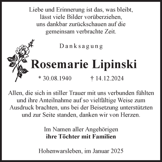 Traueranzeige von Rosemarie Lipinski von Volksstimme Haldensleben/Wolmirstedt