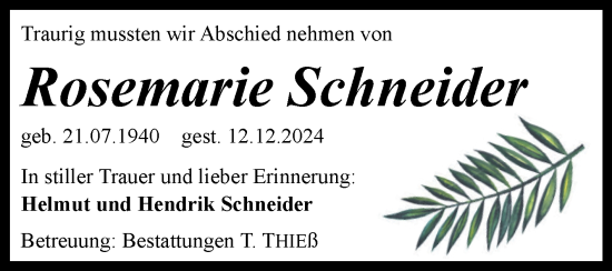 Traueranzeige von Rosemarie Schneider von Volksstimme Wernigerode