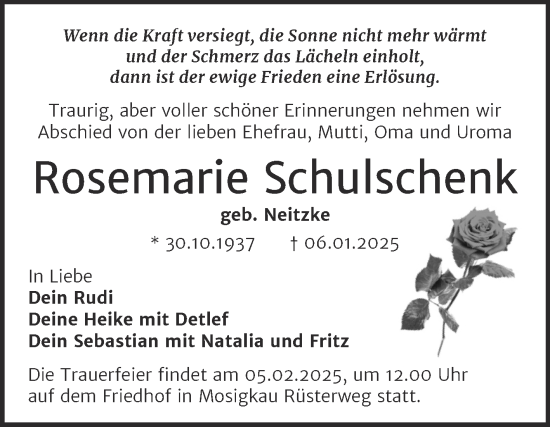 Traueranzeige von Rosemarie Schulschenk von Trauerkombi Dessau