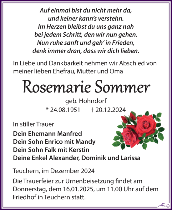 Traueranzeige von Rosemarie Sommer von Trauerkombi Weißenfels