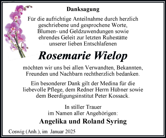 Traueranzeige von Rosemarie Wielop von Trauerkombi Wittenberg