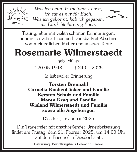 Traueranzeige von Rosemarie Wilmerstaedt von Volksstimme Altmark West
