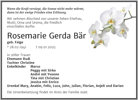 Traueranzeige von Rosemarie Gerda Bär von Trauerkombi Bitterfeld