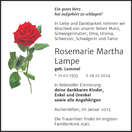 Traueranzeige von Rosemarie Martha Lampe von Trauerkombi Aschersleben