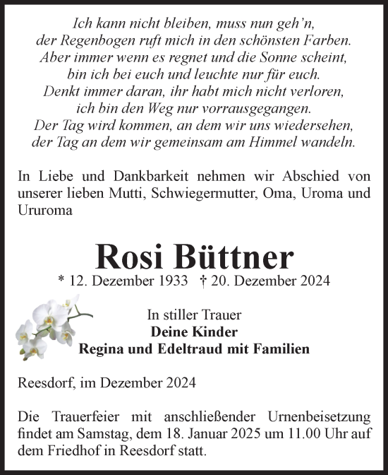 Traueranzeige von Rosi Büttner von Volksstimme Burg/Genthin