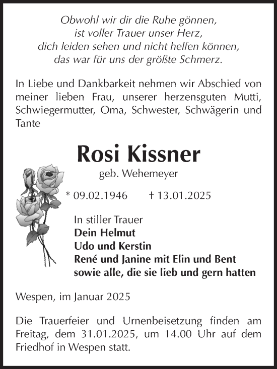Traueranzeige von Rosi Kissner von Volksstimme Schönebeck