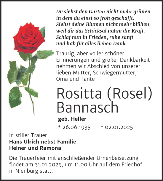 Traueranzeige von Rositta Bannasch von Trauerkombi Bernburg
