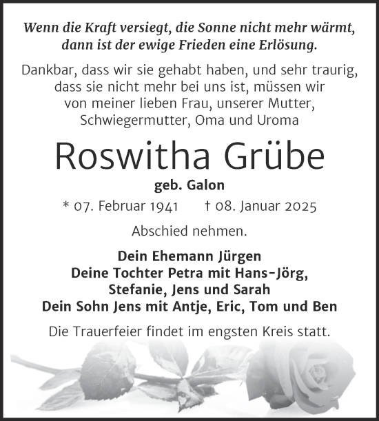 Traueranzeige von Roswitha Grübe von Trauerkombi Sangerhausen