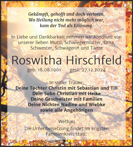 Traueranzeige von Roswitha Hirschfeld von Super Sonntag Naumburg/Nebra