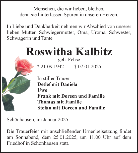 Traueranzeige von Roswitha Kalbitz von Volksstimme Altmark Ost
