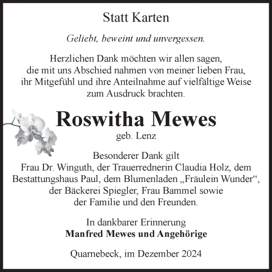 Traueranzeige von Roswitha Mewes von Volksstimme Altmark West