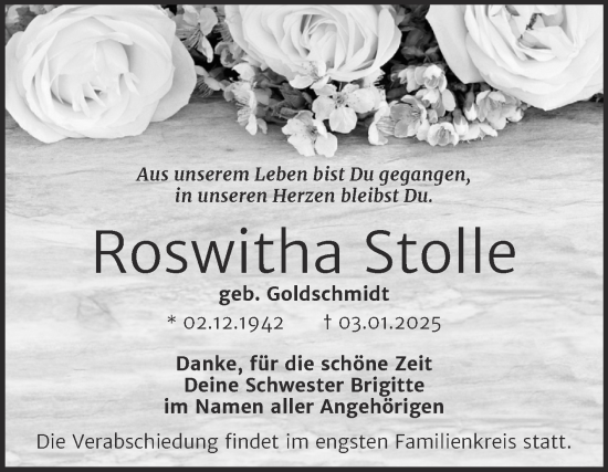 Traueranzeige von Roswitha Stolle von Trauerkombi Sangerhausen