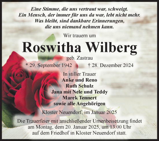 Traueranzeige von Roswitha Wilberg von Volksstimme Altmark West