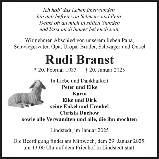 Traueranzeige von Rudi Branst von Volksstimme Altmark Ost