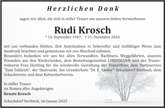 Traueranzeige von Rudi Krosch von Volksstimme Halberstadt