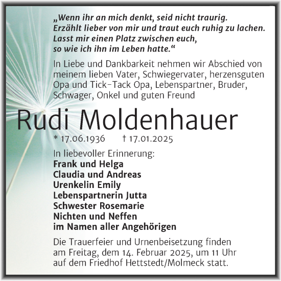 Traueranzeige von Rudi Moldenhauer von Trauerkombi Mansfelder Land