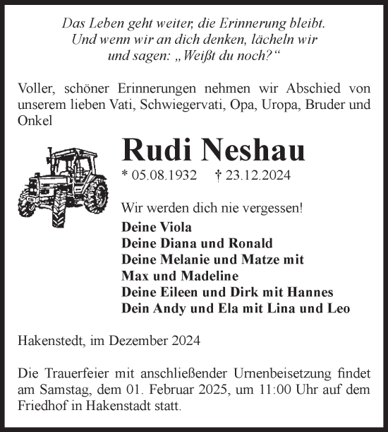 Traueranzeige von Rudi Neshau von Volksstimme Haldensleben/Wolmirstedt