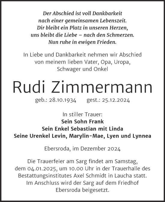 Traueranzeige von Rudi Zimmermann von Naumburger Tageblatt